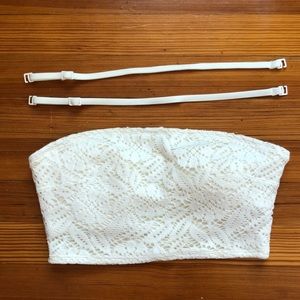 White bandeau bikini top with floral crochet